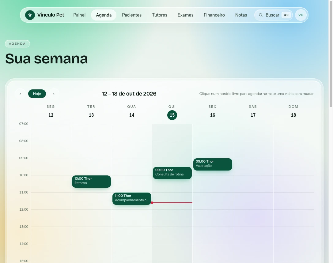 Agenda semanal do Vínculo Pet com consultas de demonstração organizadas por dia e horário