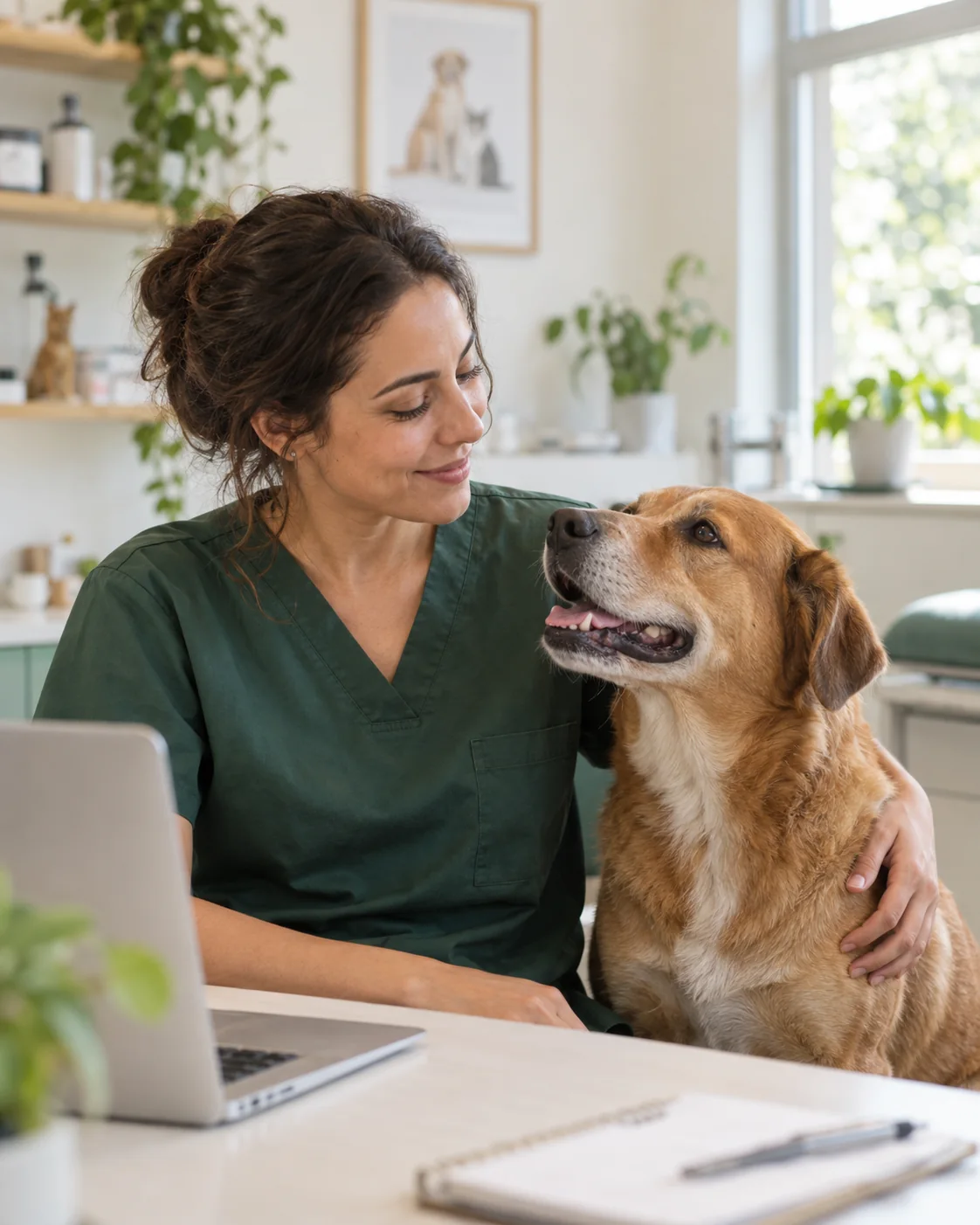 Veterinária ao lado de um cão em uma clínica iluminada
